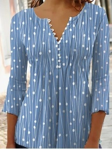 Casual V-neck 3/4 Sleeves Polka Dots Stripes Top