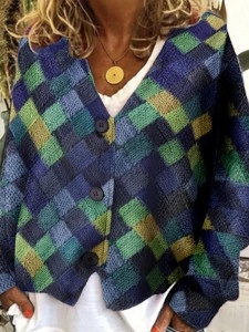 Casual V-neck buttoned irregular printed jacket