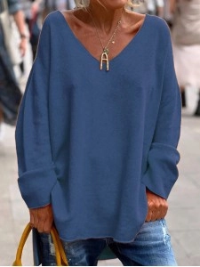 Casual V-neck Loose Plain Sweater