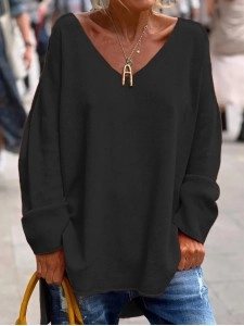 Casual V-neck Loose Plain Sweater
