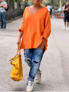 Casual V-neck Loose Plain Sweater