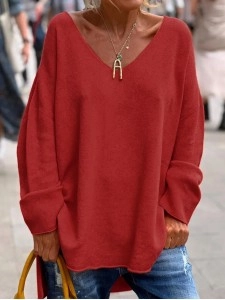 Casual V-neck Loose Plain Sweater
