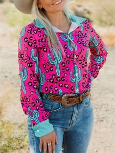 Casual Western Contrast Cactus Print Shirt