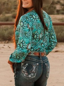 Casual Western Turquoise Print Shirt
