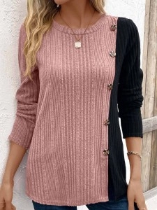 Color block contrast button slit casual top