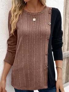 Color block contrast button slit casual top