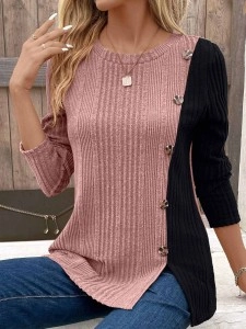 Color block contrast button slit casual top