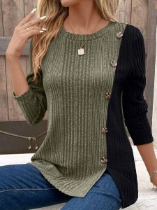 Color block contrast button slit casual top