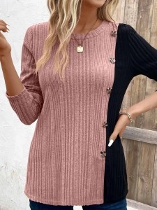 Color block contrast button slit casual top