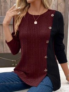 Color block contrast button slit casual top