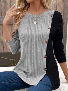 Color block contrast button slit casual top