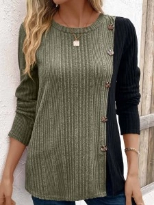 Color block contrast button slit casual top