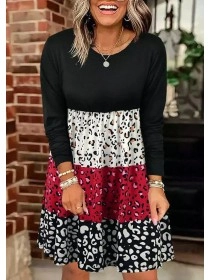 Color Block Leopard O-Neck Mini Dress