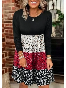Color Block Leopard O-Neck Mini Dress