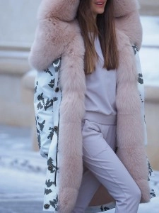 Contrast color fur collar patchwork hooded coat