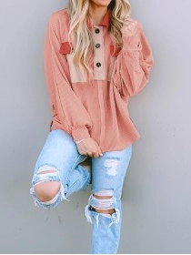Contrast Corduroy Chest Pocket Button Top