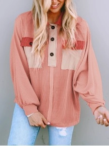 Contrast Corduroy Chest Pocket Button Top