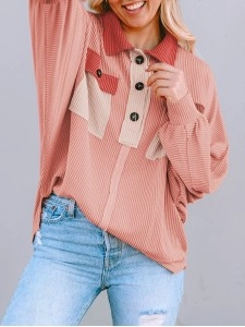 Contrast Corduroy Chest Pocket Button Top