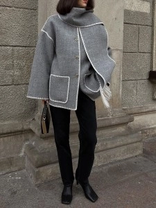 Contrast fringe scarf woolen jacket
