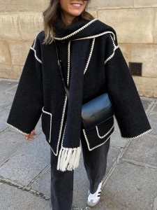 Contrast fringe scarf woolen jacket