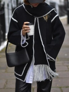 Contrast fringe scarf woolen jacket