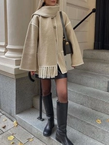 Contrast fringe scarf woolen jacket