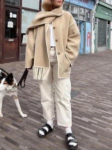 Contrast fringe scarf woolen jacket