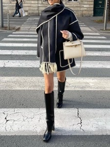 Contrast fringe scarf woolen jacket