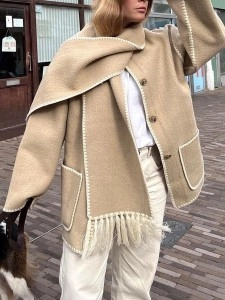 Contrast fringe scarf woolen jacket