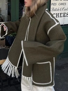 Contrast fringe scarf woolen jacket