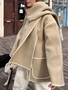Contrast fringe scarf woolen jacket