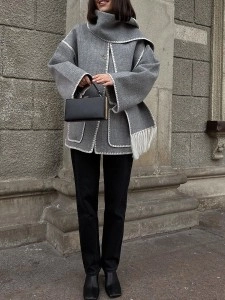 Contrast fringe scarf woolen jacket