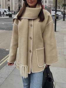 Contrast fringe scarf woolen jacket