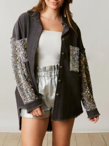 Corduroy Sequin Patchwork Long Sleeve Jacket
