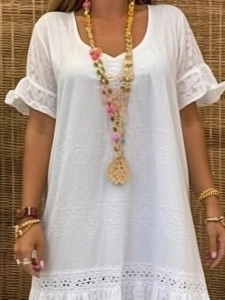 Cotton linen lace patchwork long dress