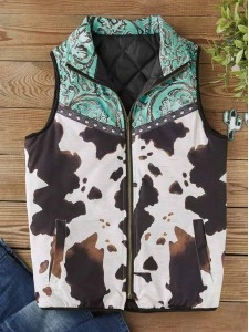 Cow Abstract Graphic Zipper Pocket Warm Vest Coat