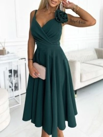 Dark green elegant dress with cross neckline and waist