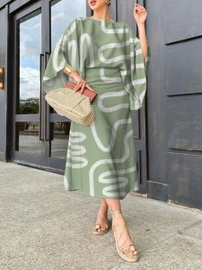 Elegant ladies printed batsleeve top half skirt suit