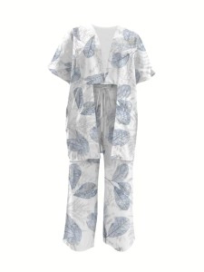 Elegant leaf print cardigan and trousers 2 sets