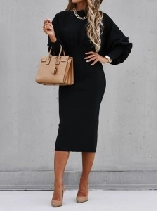 Elegant solid color patchwork foldable O-neck waistband dress