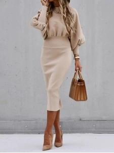 Elegant solid color patchwork foldable O-neck waistband dress