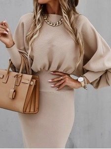 Elegant solid color patchwork foldable O-neck waistband dress