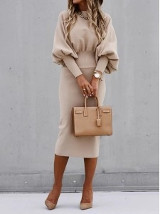 Elegant solid color patchwork foldable O-neck waistband dress