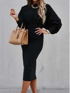 Elegant solid color patchwork foldable O-neck waistband dress