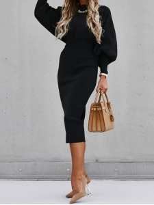 Elegant solid color patchwork foldable O-neck waistband dress