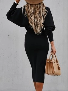Elegant solid color patchwork foldable O-neck waistband dress