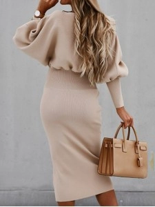 Elegant solid color patchwork foldable O-neck waistband dress