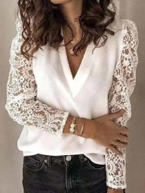 Elegant white V-neck lace sleeve patchwork shirt