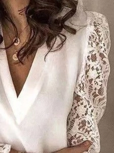 Elegant white V-neck lace sleeve patchwork shirt