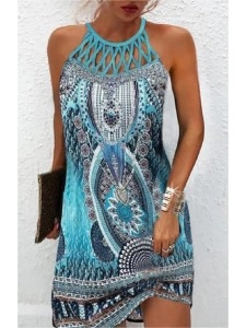 Ethnic printed mesh sleeveless casual dress